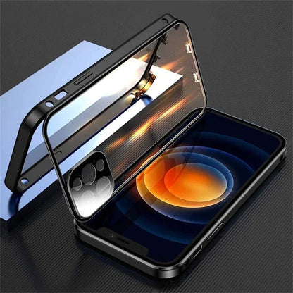 Smartphone with a reflective screen protector on a dark textured surface