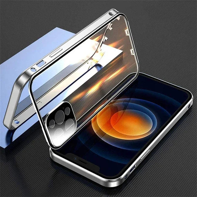 Smartphone with reflective screen protector on a dark textured surface
