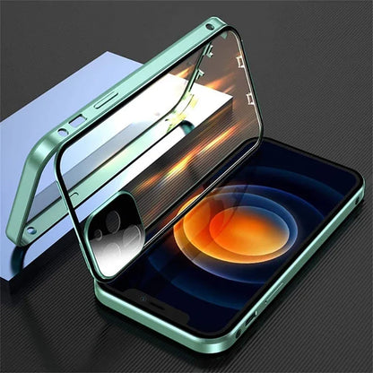 Smartphone with a green metallic case on a dark textured background