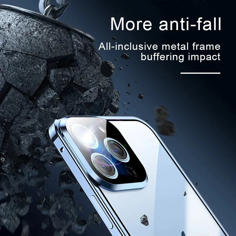 Phone case with metal frame buffering impact feature, shown against a dark background.