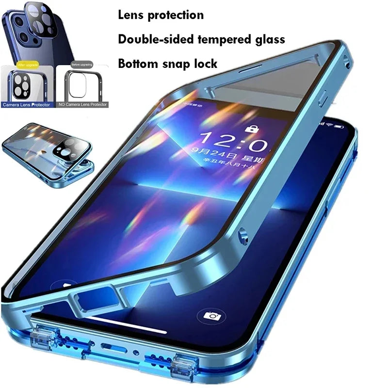 Blue phone case with screen protector features on a white background