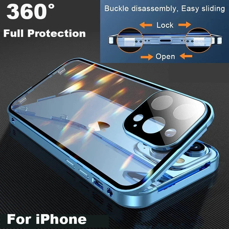 Phone case with 360° full protection feature for iPhone on a dark background