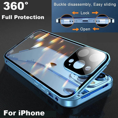 Phone case with 360° full protection feature for iPhone on a dark background