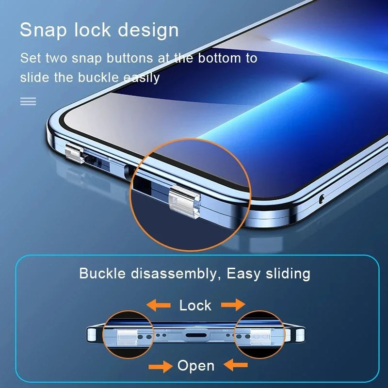 Smartphone with a close-up of the snap lock design on a blue background