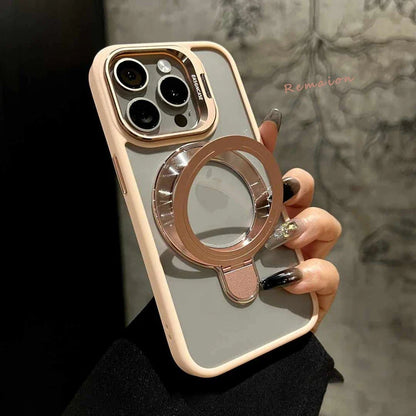 Phone case with a ring holder held by a hand against a neutral background