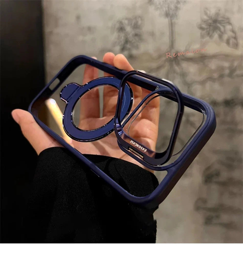 Blue phone case with ring holder held by a hand against a neutral background