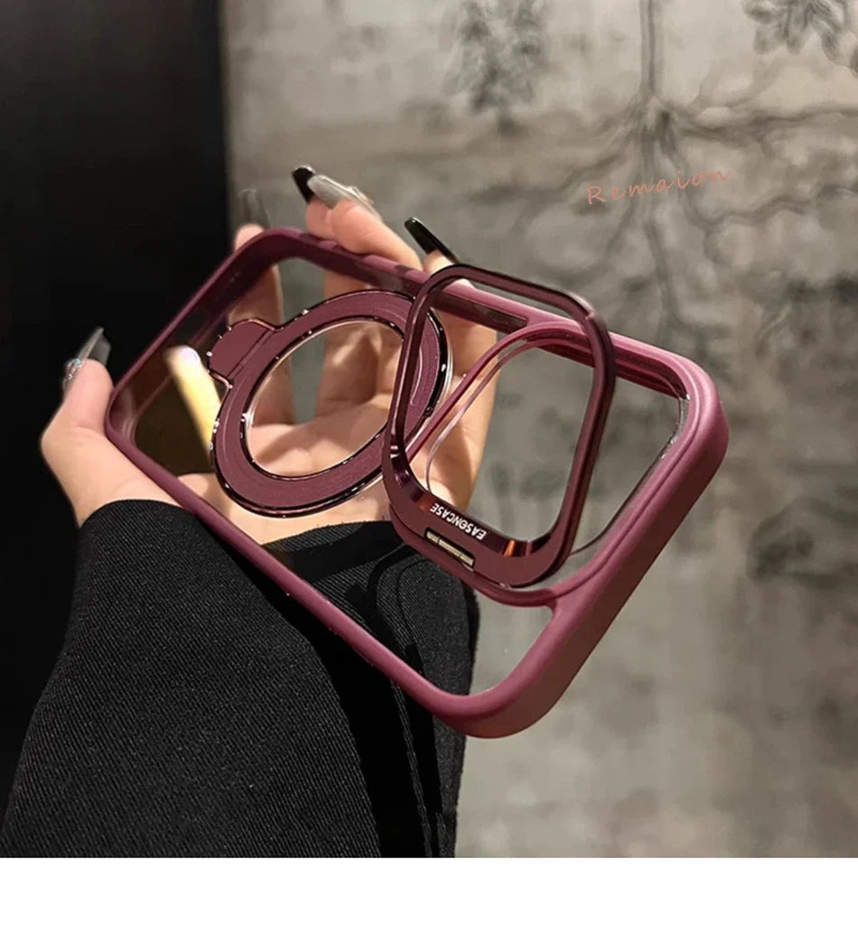 Phone case with a unique design held by a person against a neutral background