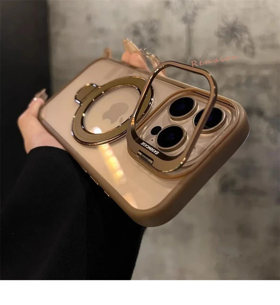 Phone case with ring holder held by a hand against a neutral background