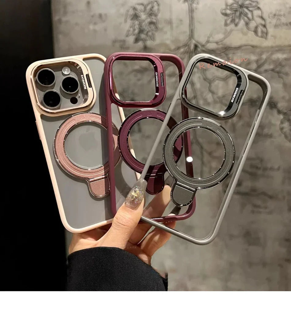 Four phone case designs held by a hand against a neutral background