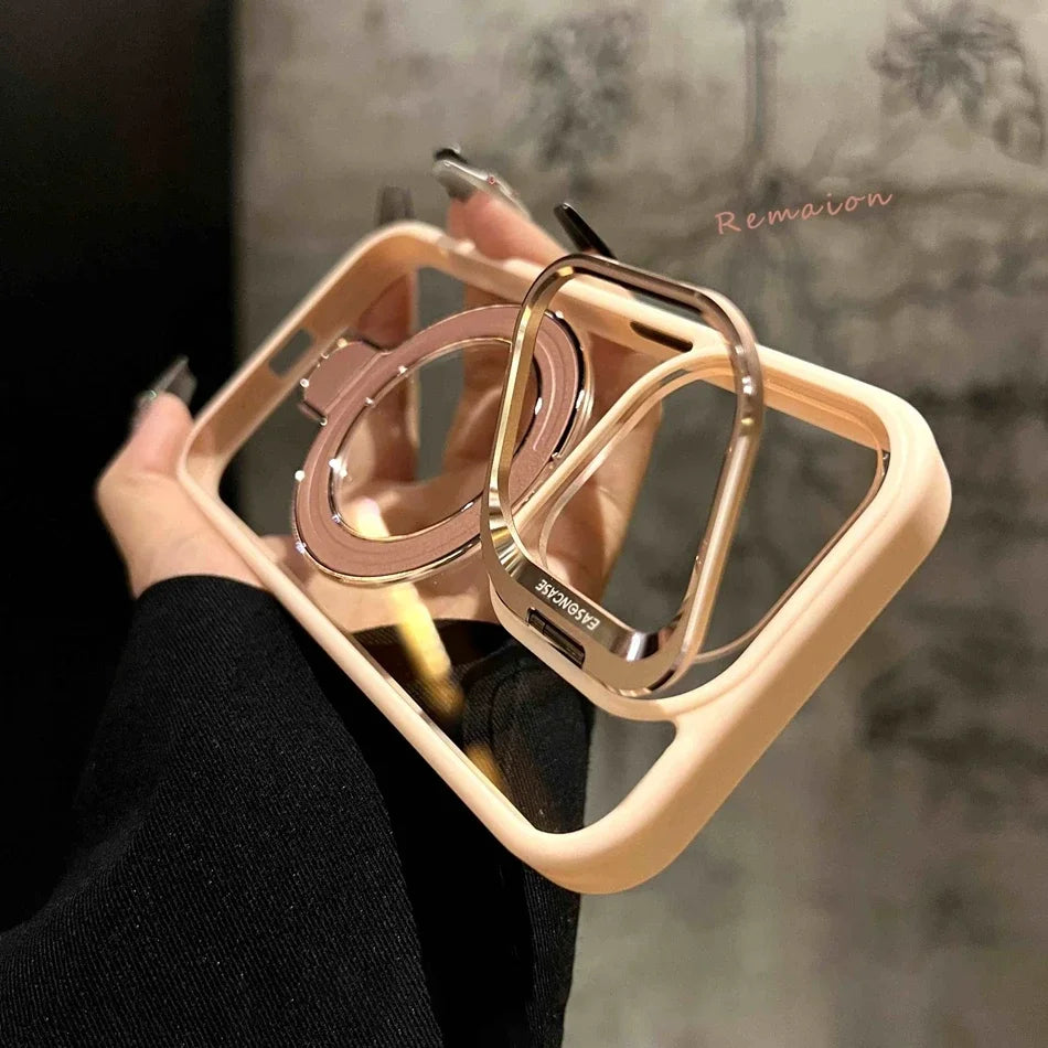 Phone case with ring holder and mirror surface held by a hand
