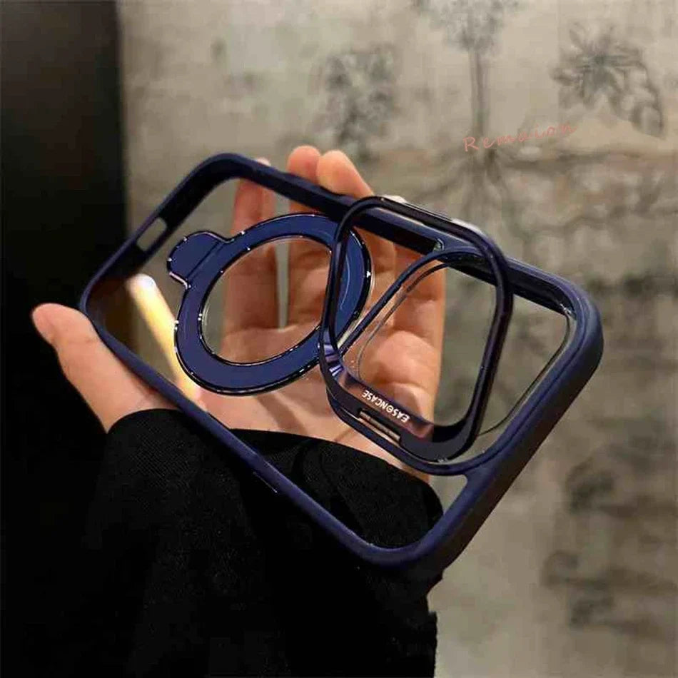 Phone case with a ring holder held by a person against a blurred background