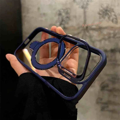 Phone case with a ring holder held by a person against a blurred background