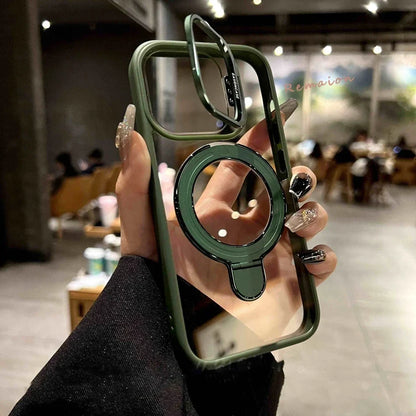 Green phone case with ring holder held by a hand in an indoor setting