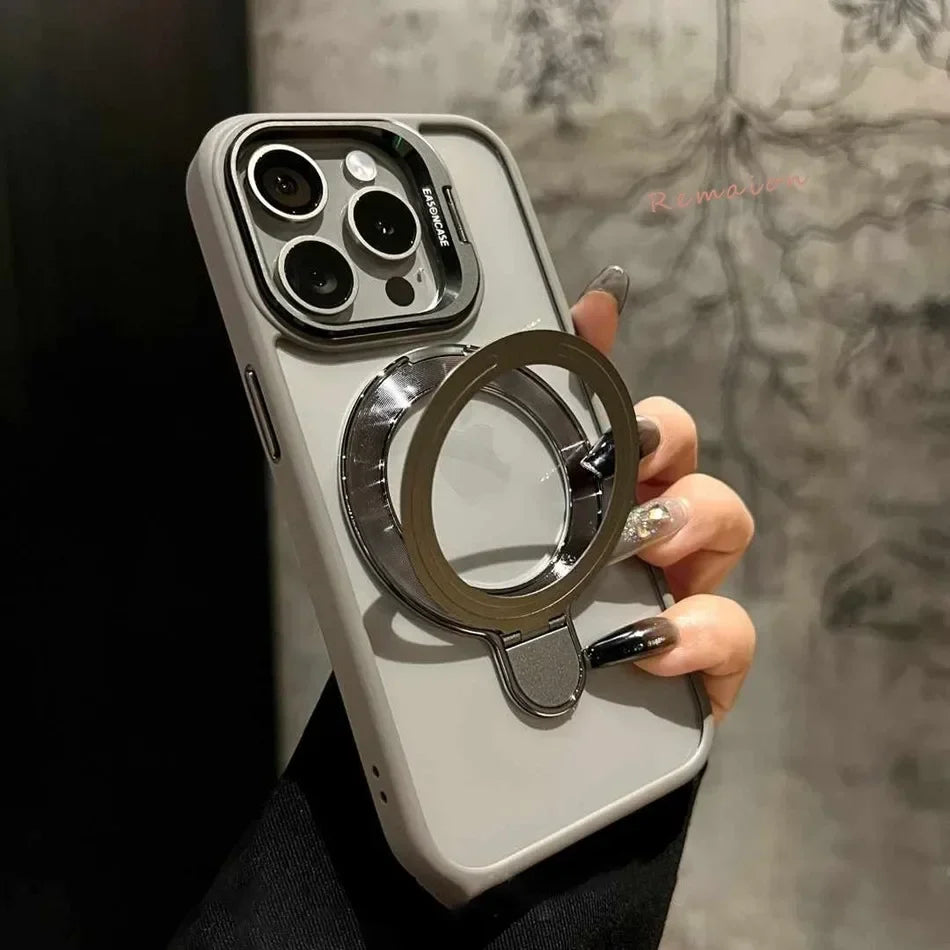 Phone case with a ring holder held by a hand against a neutral background