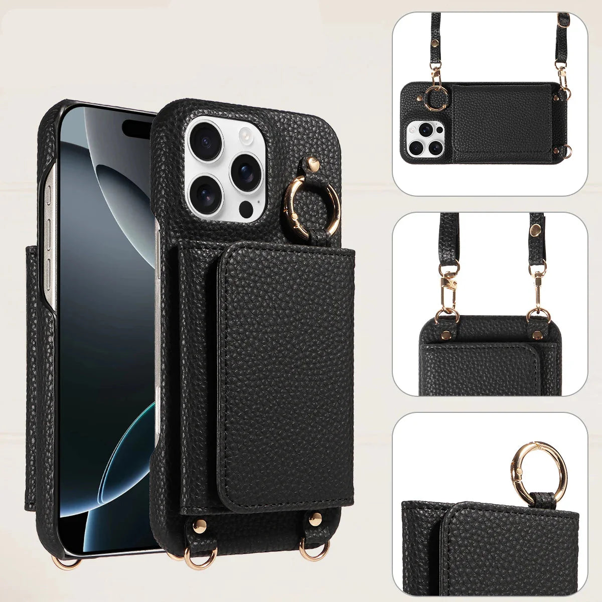 Black leather phone case with card holder and ring stand, featuring 'DETAILING' text.