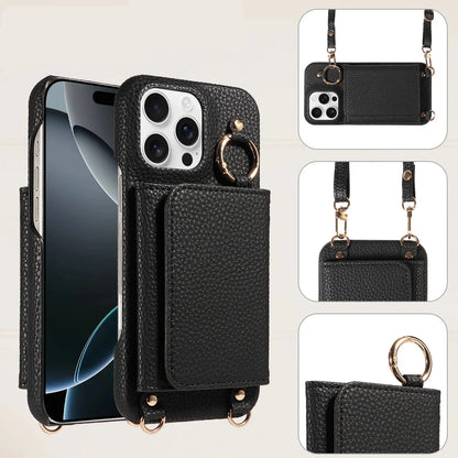 Black leather phone case with card holder and ring stand, featuring 'DETAILING' text.