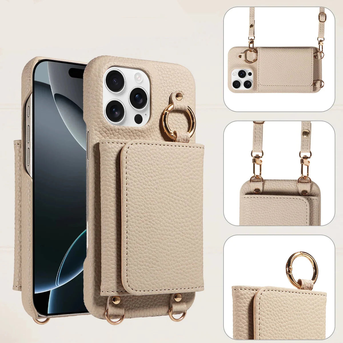 Beige phone case with card holder and ring stand, featuring 'DETAILING' text.