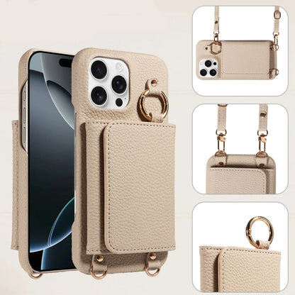 Beige phone case with card holder and ring stand, featuring 'DETAILING' text.