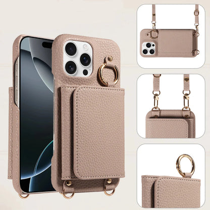 Beige phone case with card holder and ring stand, featuring 'DETAILING' text.