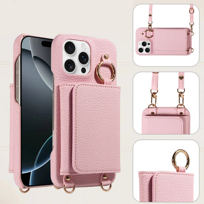 Pink phone case with card holder and strap on a beige background