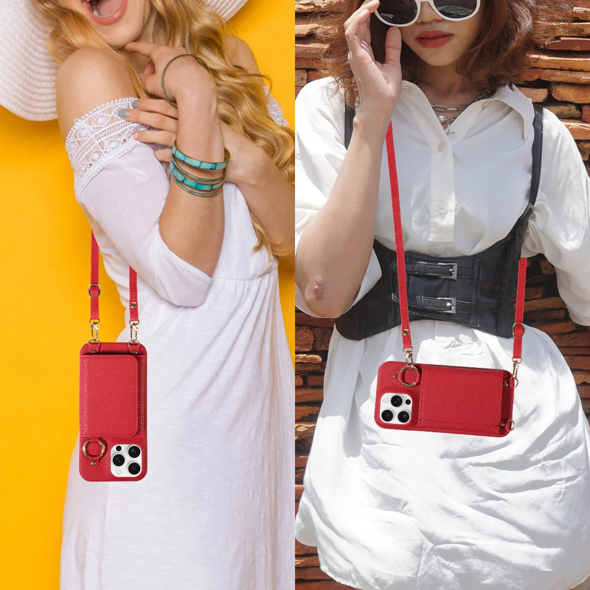 Two women wearing white dresses with red phone cases on a yellow and brown background