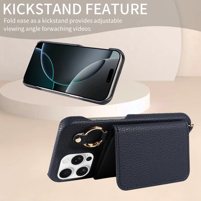 Black phone case with kickstand feature displayed on a beige background