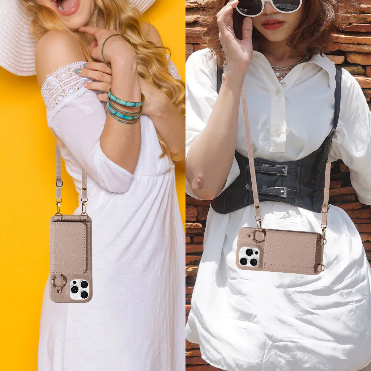 Two women wearing white dresses with a beige phone case featuring camera cutouts.