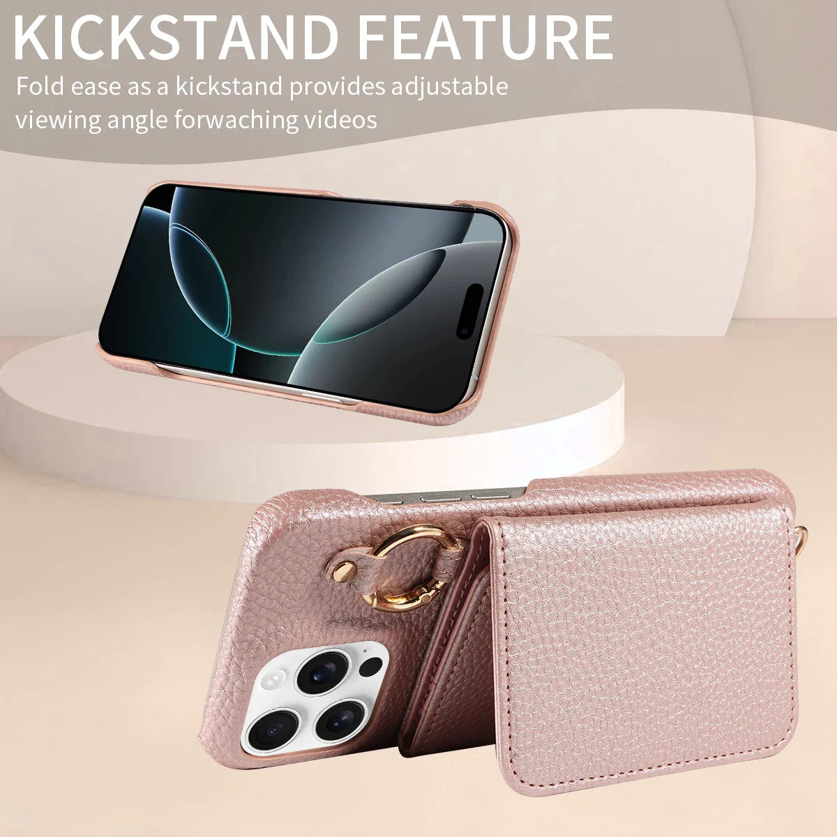 Phone case with kickstand feature displayed on a stand