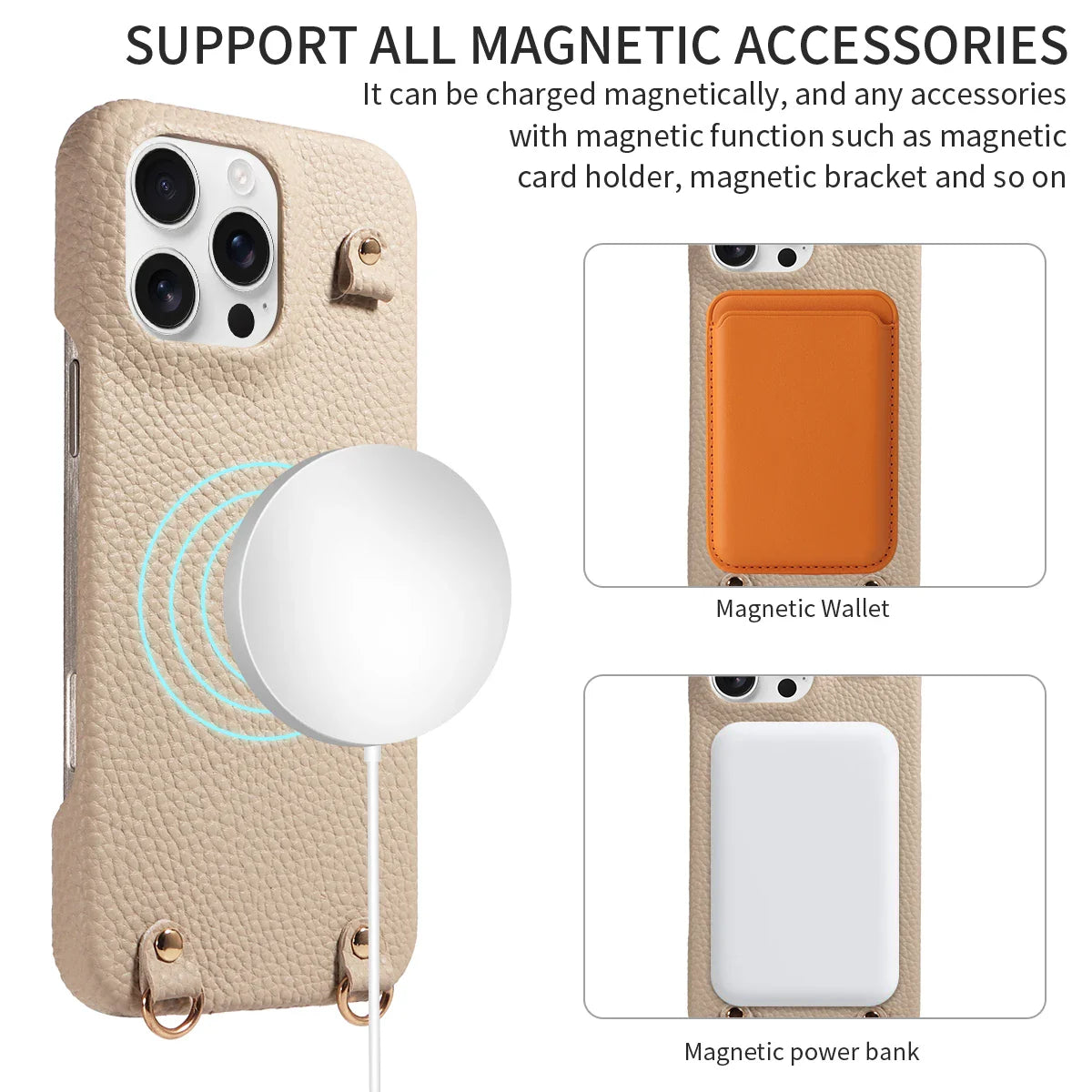 Phone case with magnetic charging feature and accessories, including a wallet and power bank.