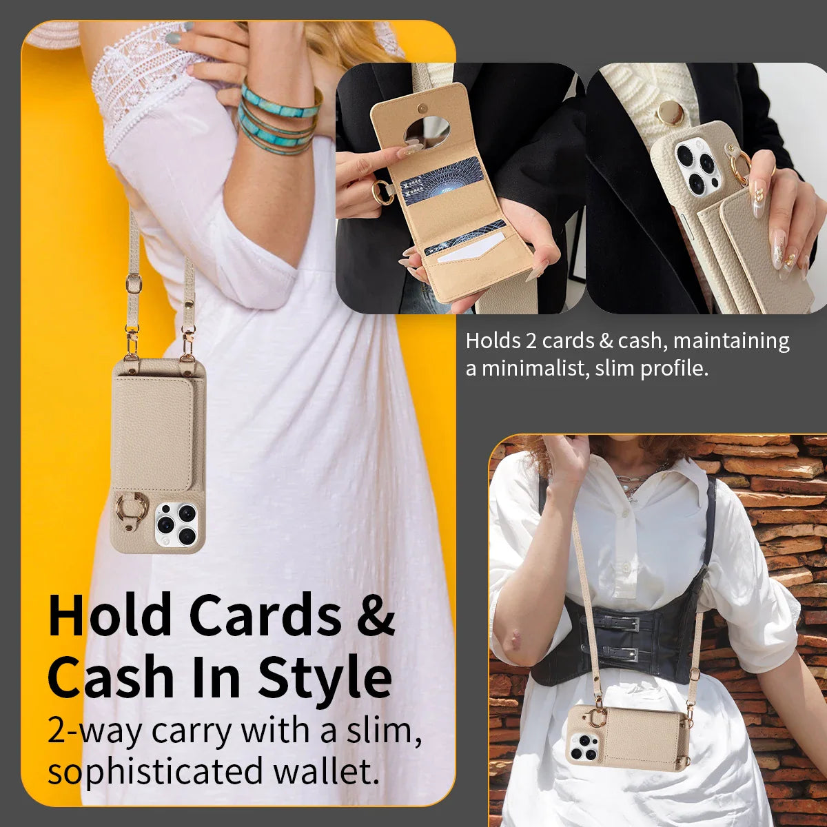 Product advertisement showing a wallet with card slots and cash holder, held by a person in various poses.