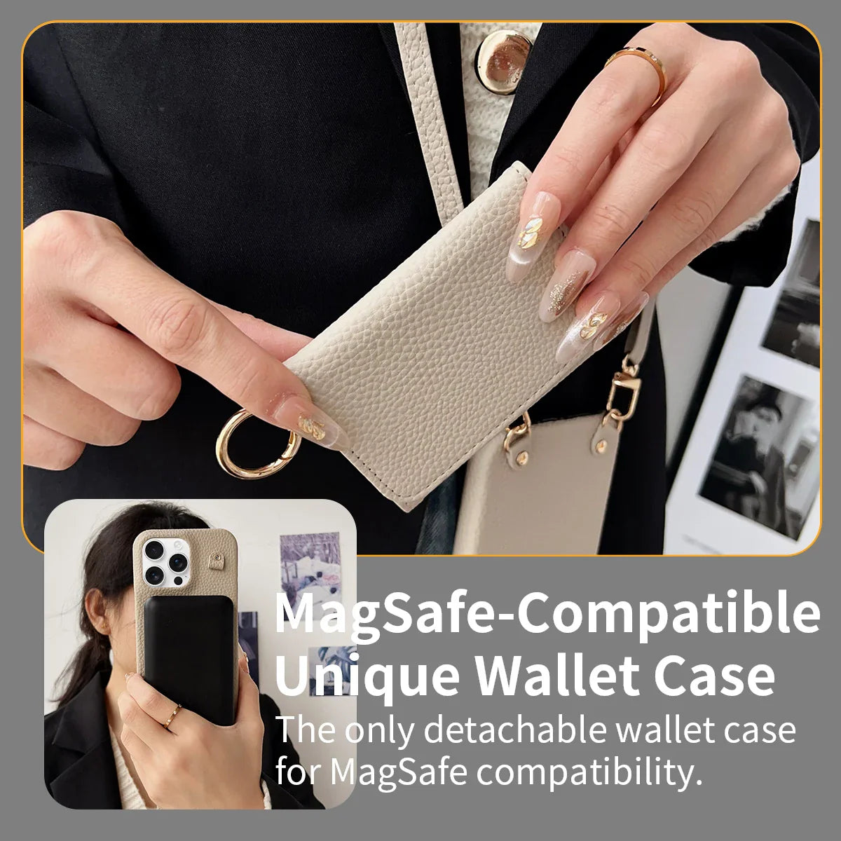 Person holding a beige wallet case with gold accents, featuring text about MagSafe compatibility.