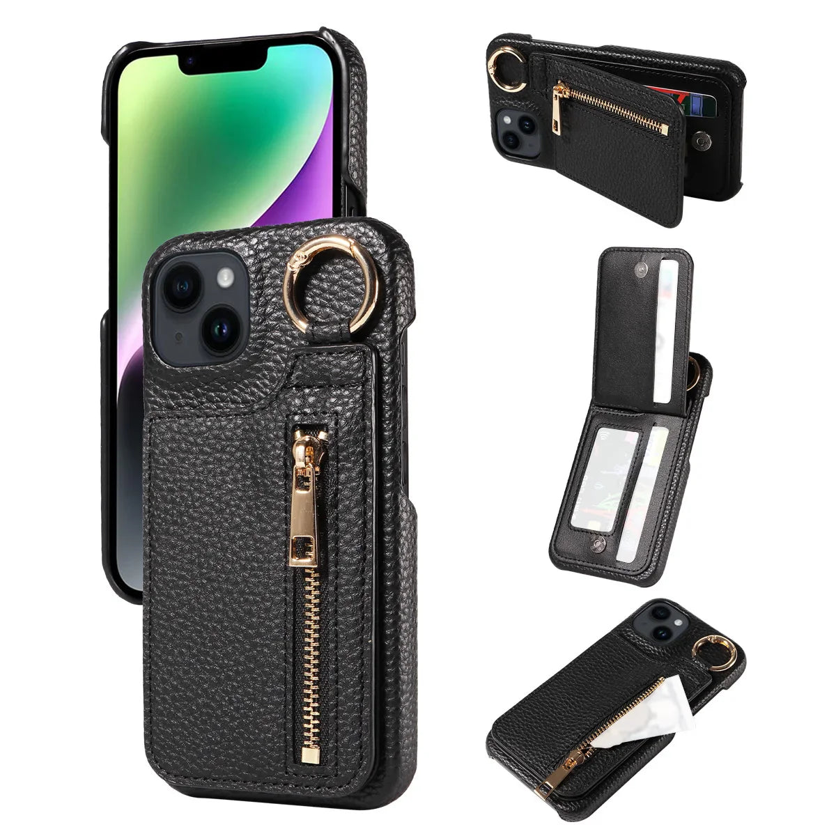 Black phone case with zipper pocket and card slots on a white background