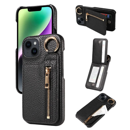Black phone case with zipper pocket and card slots on a white background