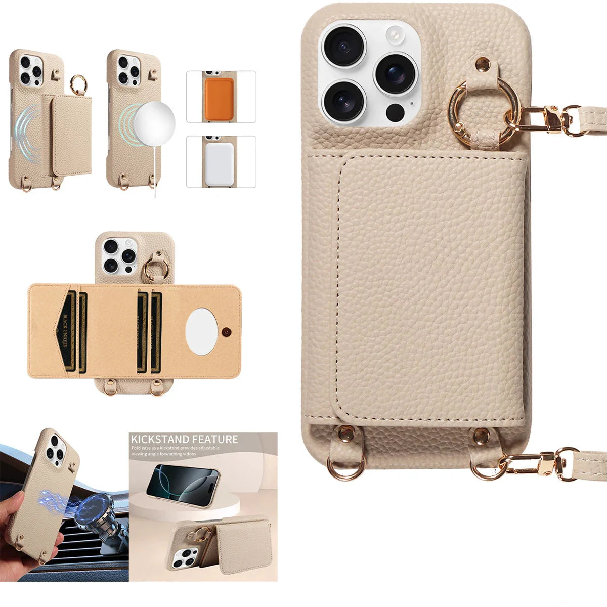 Beige phone case with multiple features and color options displayed.