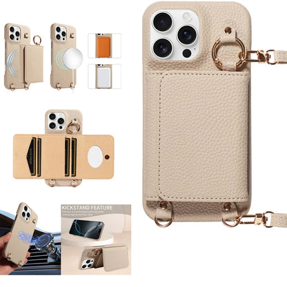Beige phone case with multiple features and color options displayed.