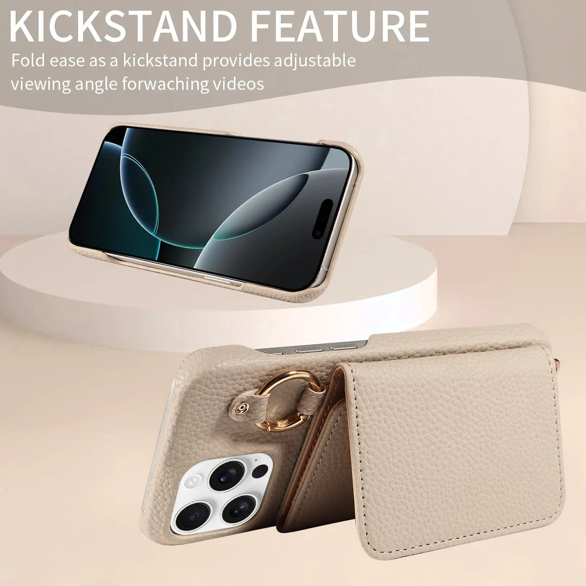 Phone case with kickstand feature and phone on a stand