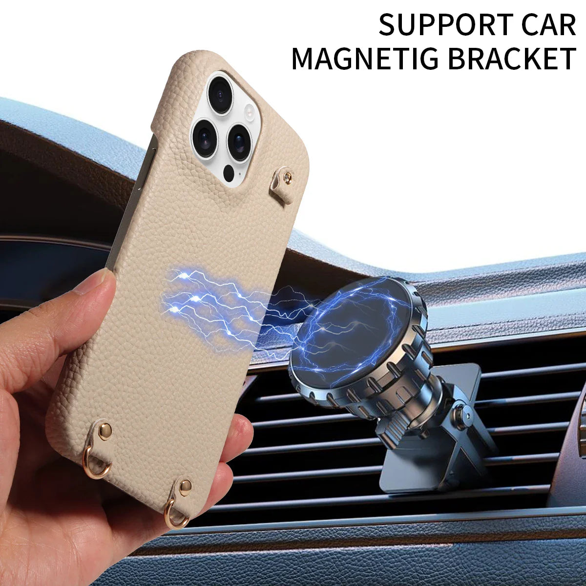 Phone case with a magnetic car bracket attached, held over a car's air vent.