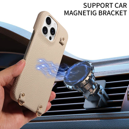 Phone case with a magnetic car bracket attached, held over a car's air vent.