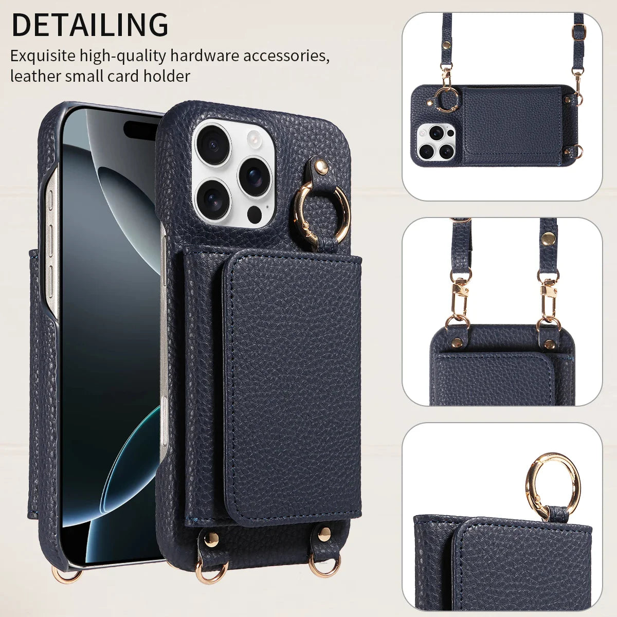 Navy blue phone case with card holder and shoulder strap on a light gray background