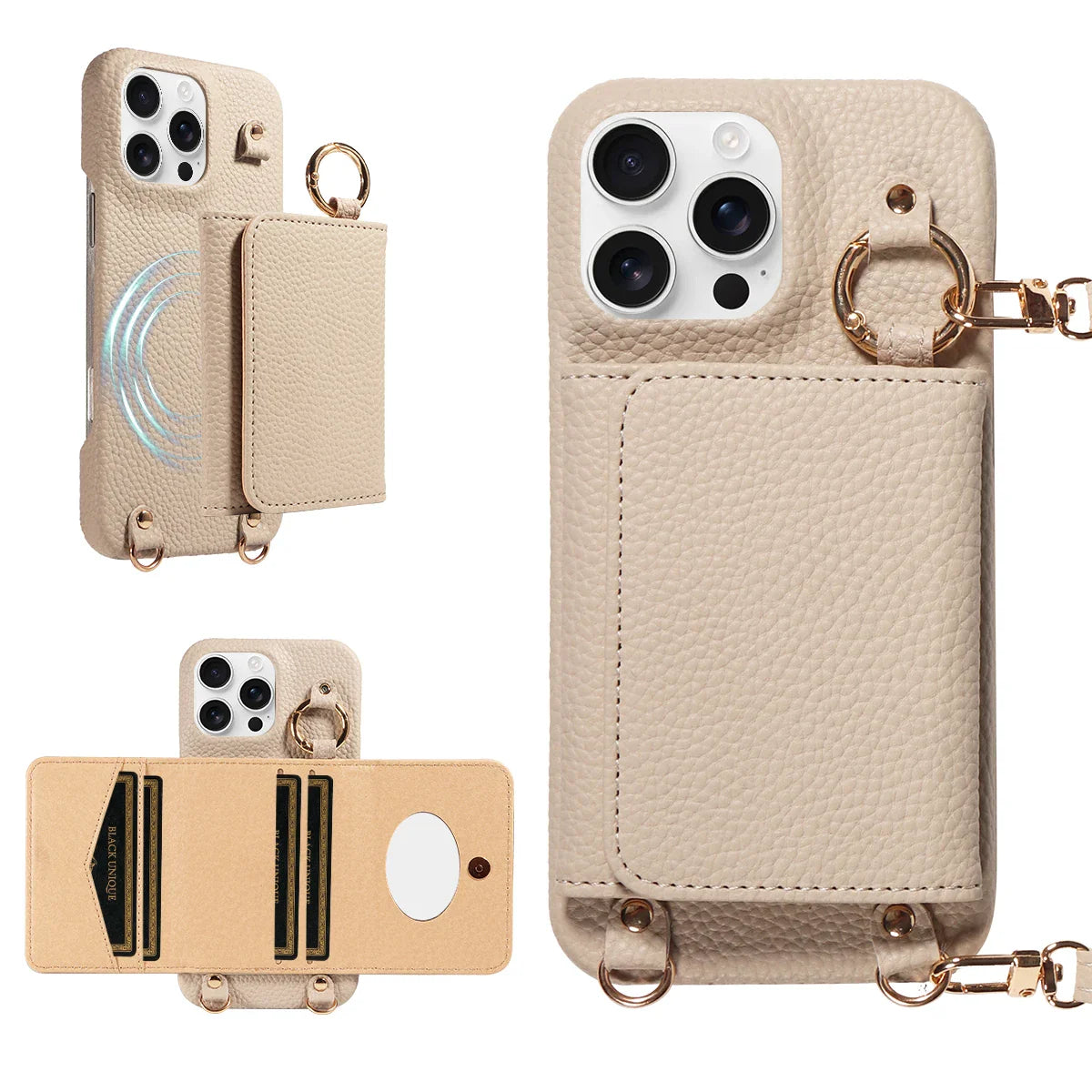 Beige phone case with card holder and keychain on a white background