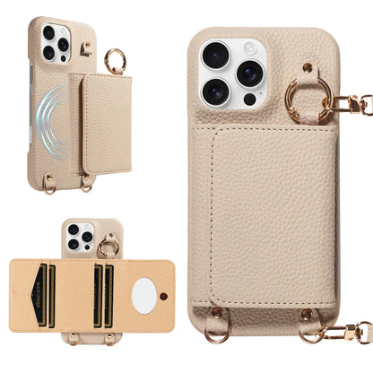Beige phone case with card holder and keychain on a white background