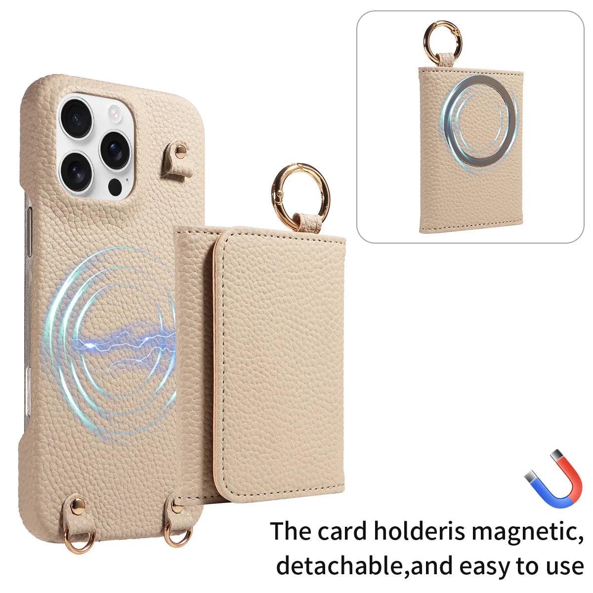 Beige phone case with card holder and detachable ring, featuring a magnetic card holder.