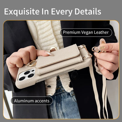 Person holding a beige phone case with 'Exquisite In Every Details' text and 'Premium Vegan Leather' label.