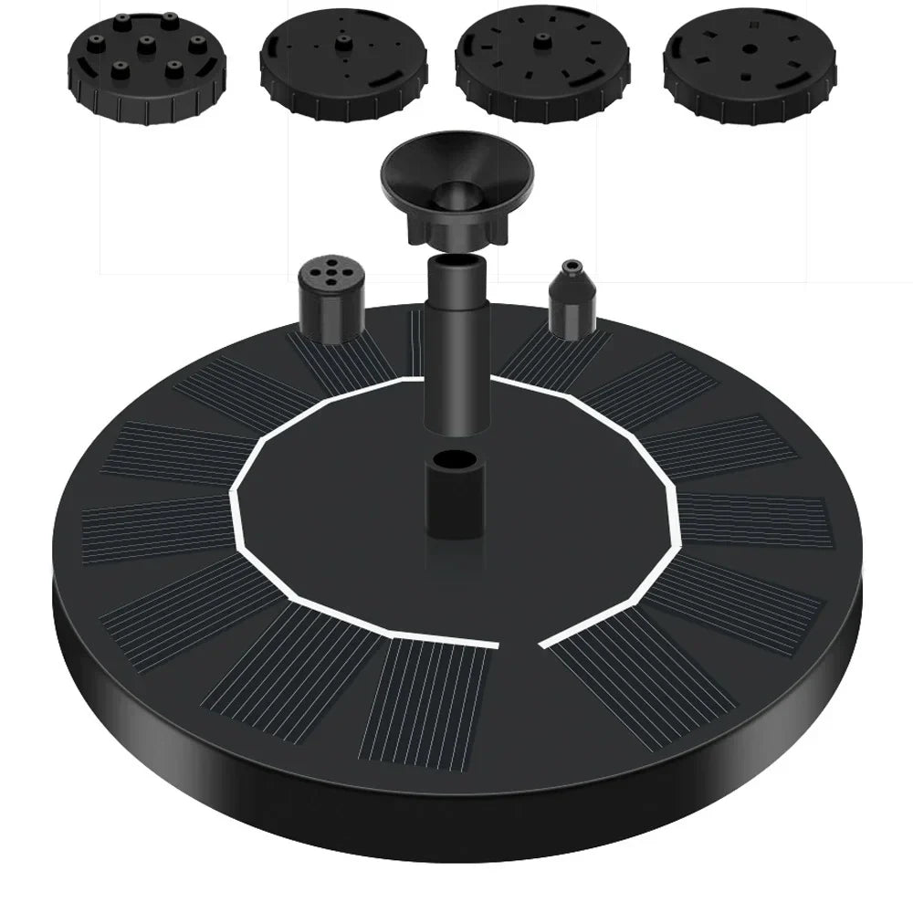 Black circular solar panel with multiple attachments on a white background