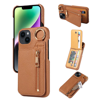 Brown phone case with card slots and zipper pocket on a white background