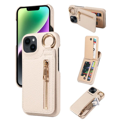 Beige phone case with card holder and ring stand on a white background