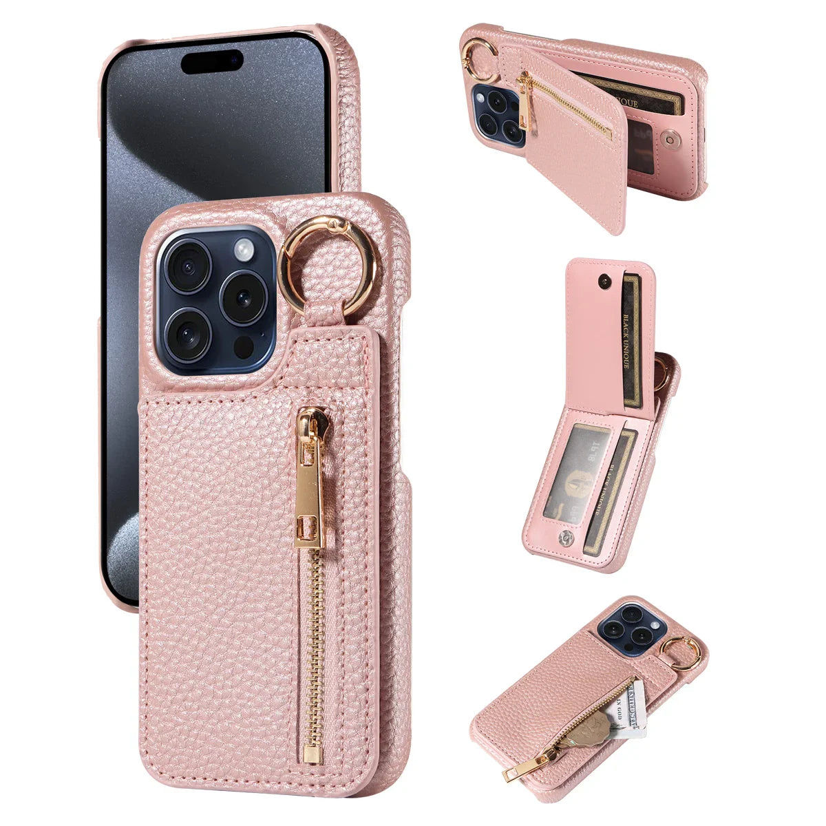 Pink phone case with card holder and ring stand on a white background