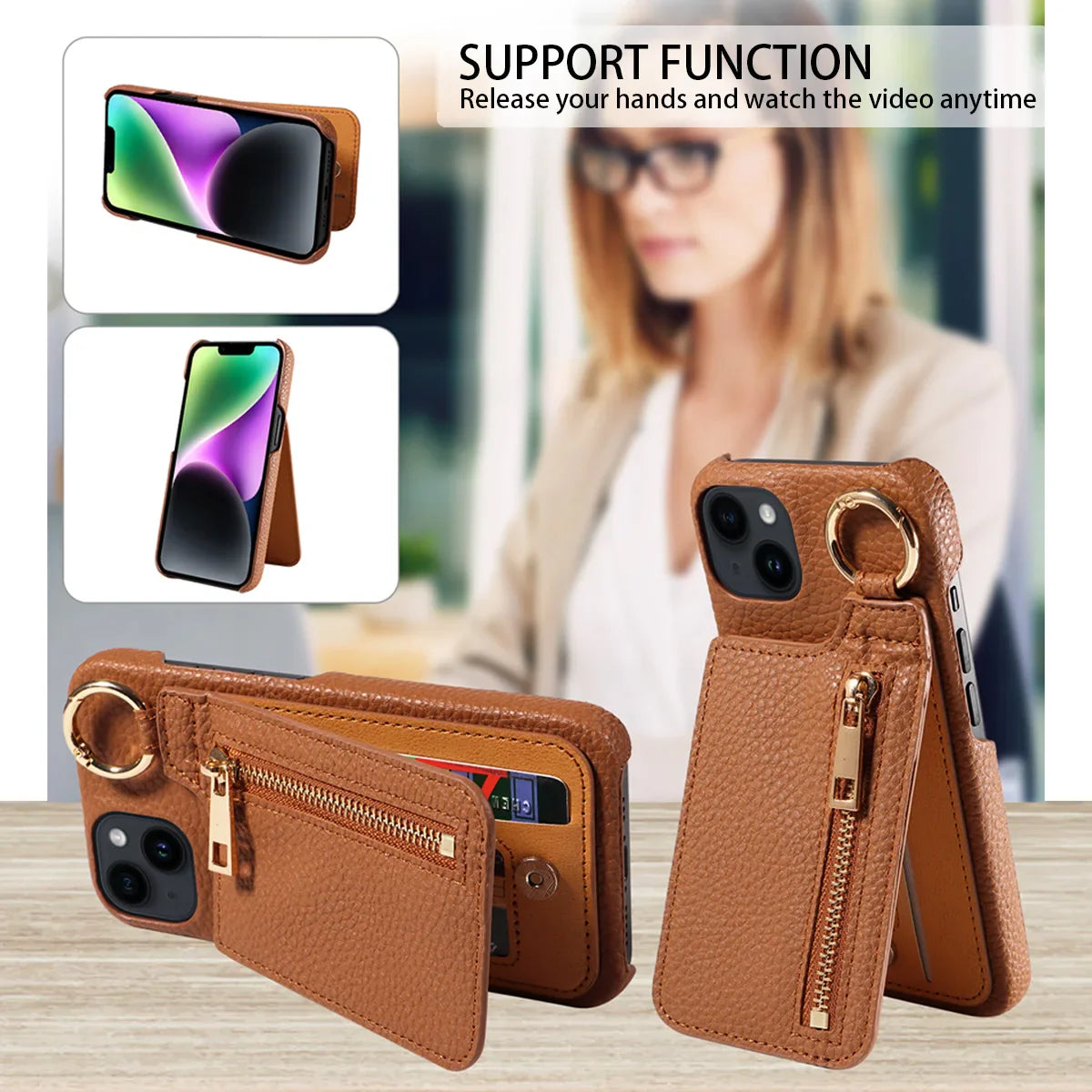 Brown phone case with zipper pocket and stand feature on a wooden surface.