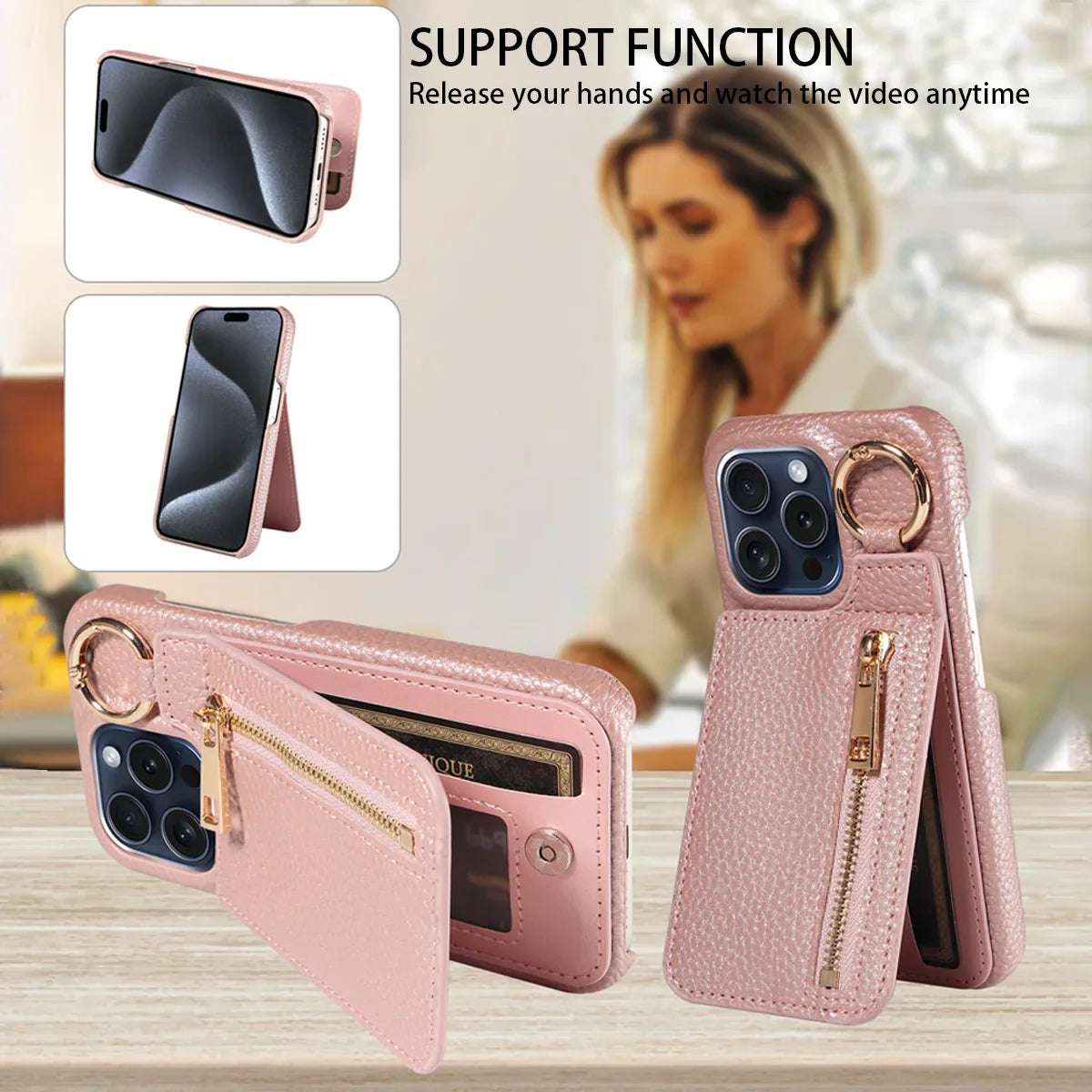 Pink phone case with support function and zipper pocket on a wooden surface.