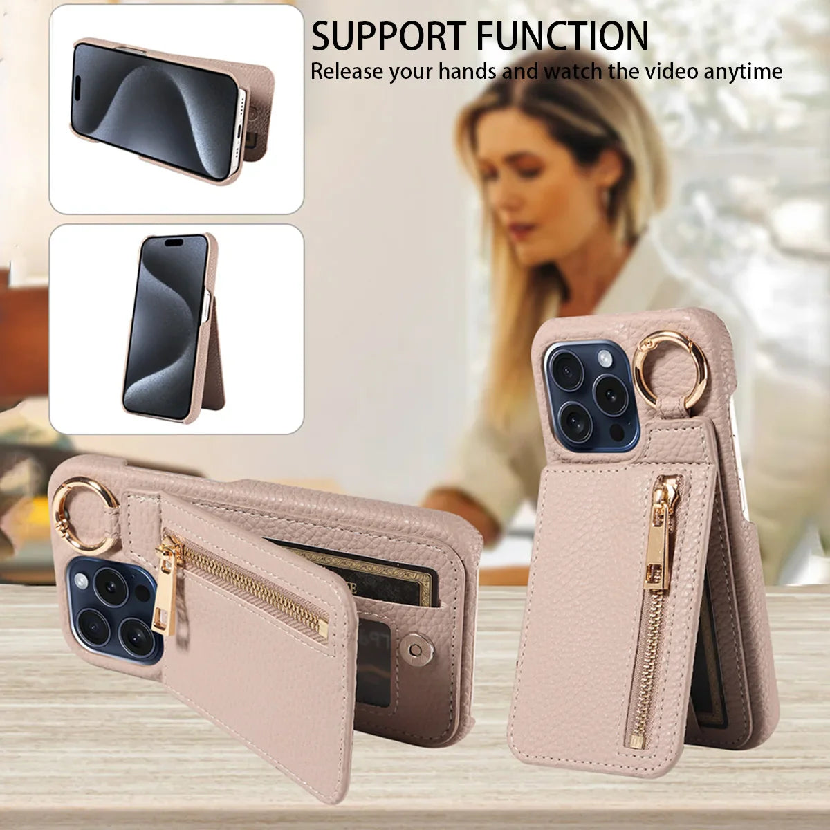 Phone case with support function features and a woman using earphones in the background